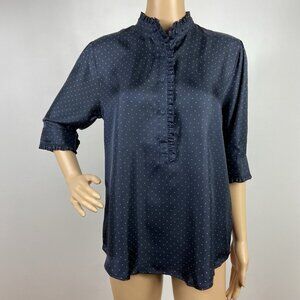 Ann Mashburn 100% Silk Half Button Blouse Sz M Navy Puff Sleeve Academia Twee